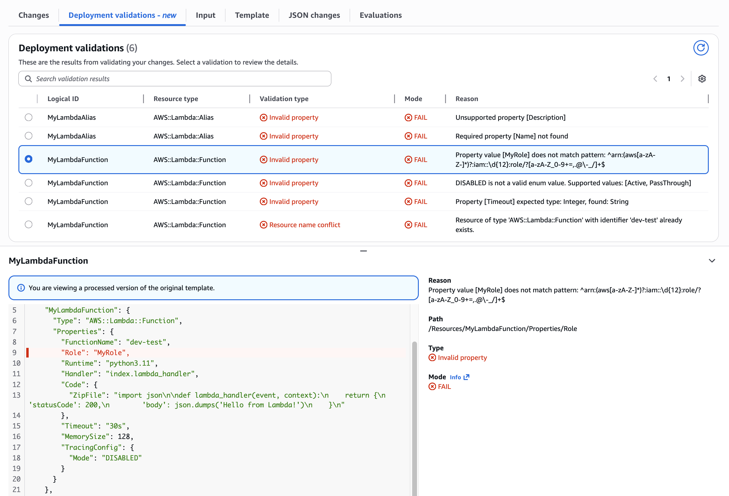 Figure 6: Lambda Function Role property pattern mismatch